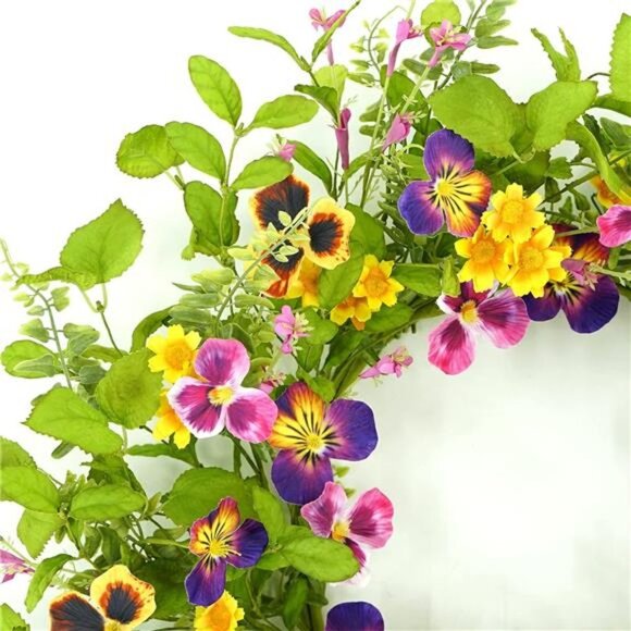 Artificial 20" Spring Summer Wreath with Pansy Flower,Yellow Daisy,Rose Leaf - Picture 4 of 8